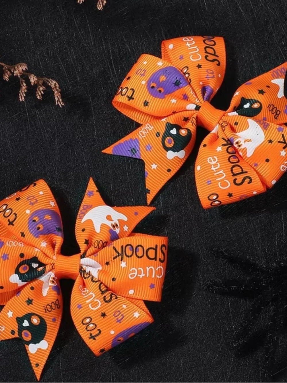 Halloween Ghost & Pumpkin Hair Bows for Kids - Black, Orange & Green set of two